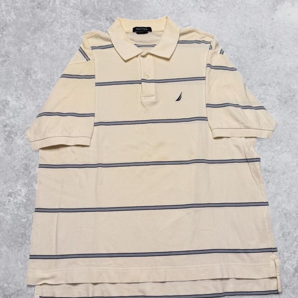 Nautica Mens Cream White Blue Horizontal Striped Short Sleeve Polo Shirt